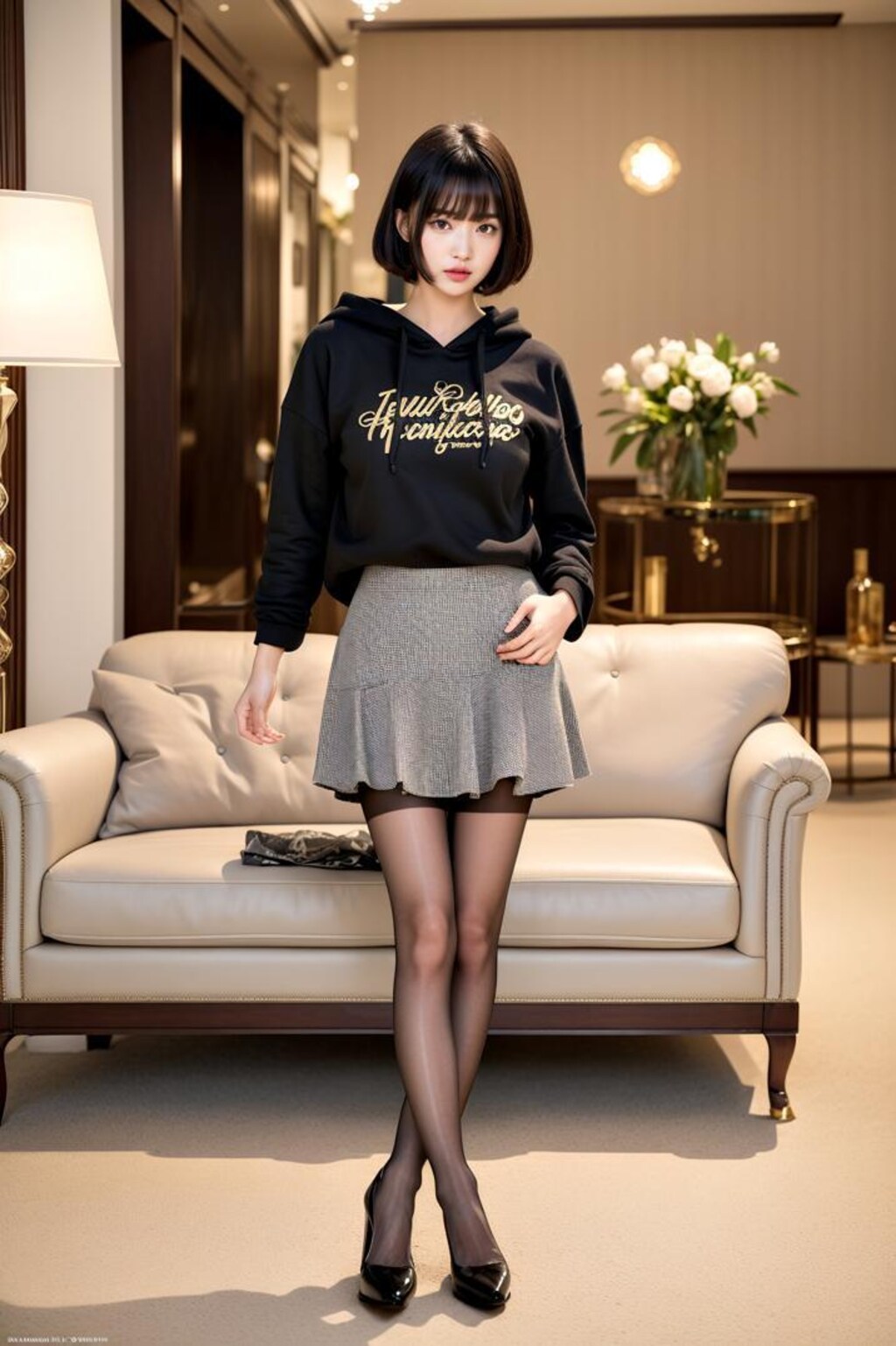 ボブカット&フーディ&千鳥柄スカート&美脚という最強のバランス1 - The best balance of bob cut, hoodie, houndstooth pattern skirt, a