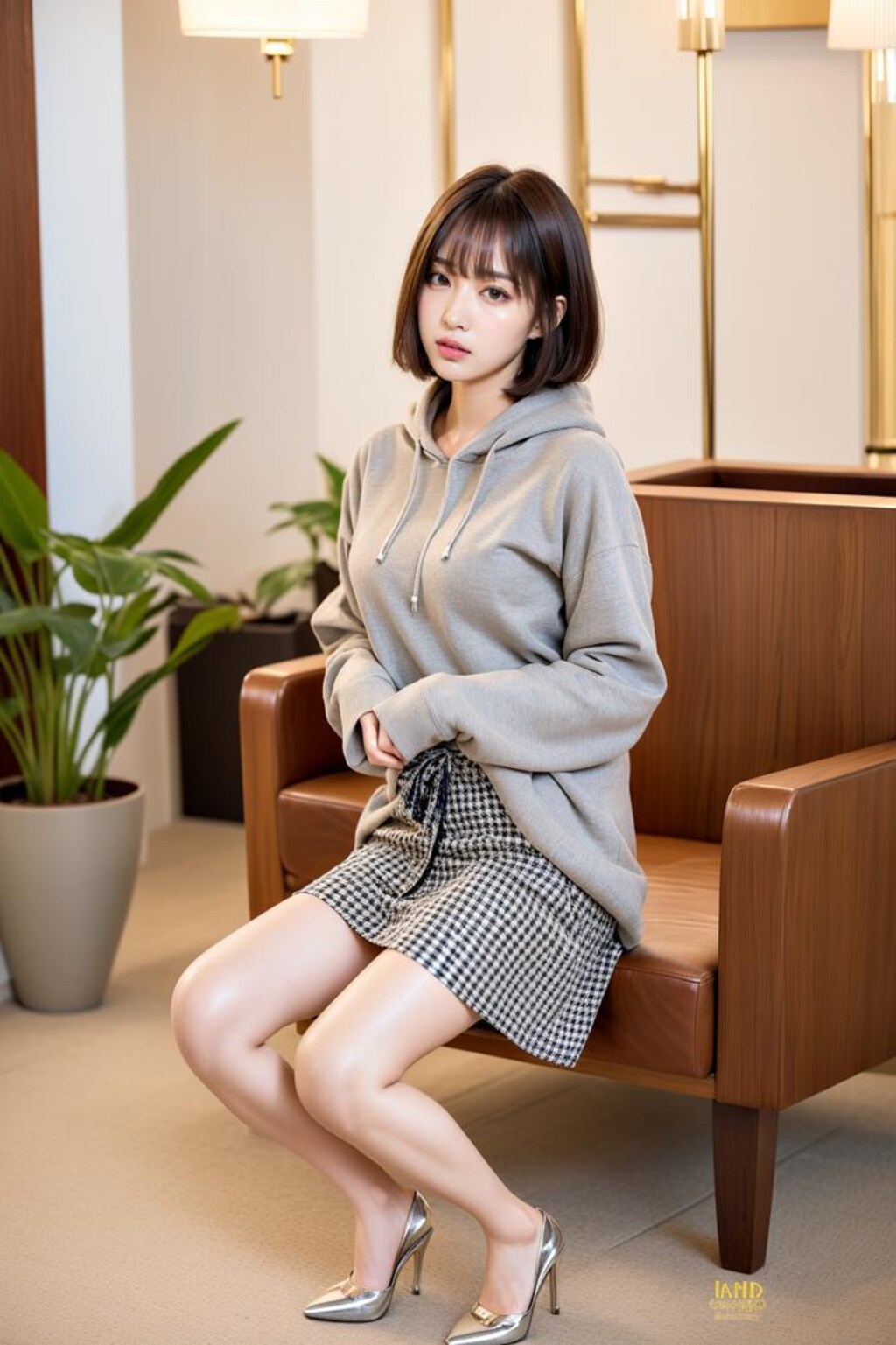 ボブカット&フーディ&千鳥柄スカート&美脚という最強のバランス1 - The best balance of bob cut, hoodie, houndstooth pattern skirt, a