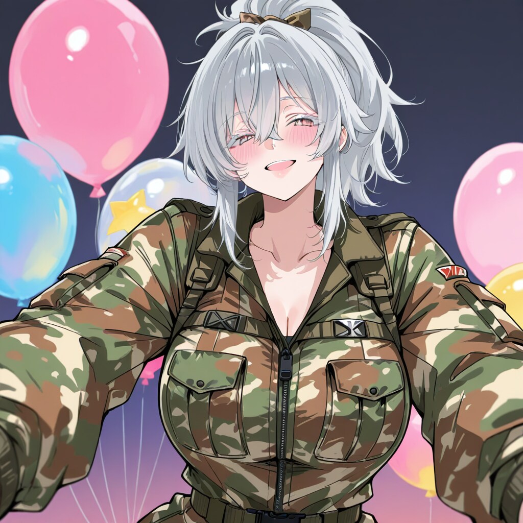 いっぱい色とりどりの風船を持つ銀髪ポニーテールの迷彩服着た美女