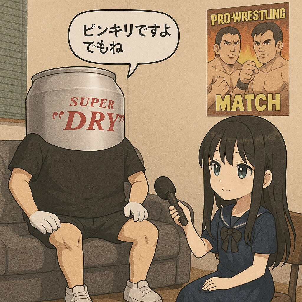 インタビューされるビール缶とインタビュアーの少女