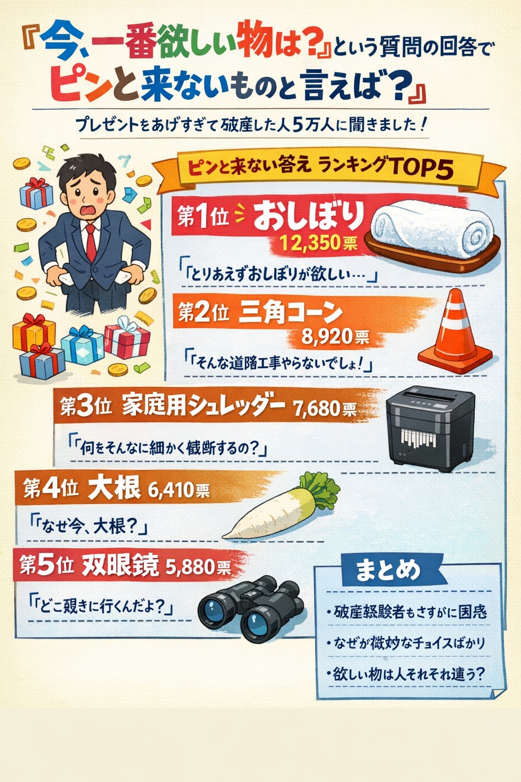 今、一番欲しい物は？という質問の回答でピンと来ないものと言えば？ | の人気AIイラスト・グラビア