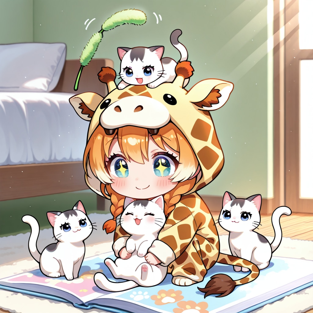 白黒猫さんたちと遊ぶキリン着ぐるみちび子ちゃん