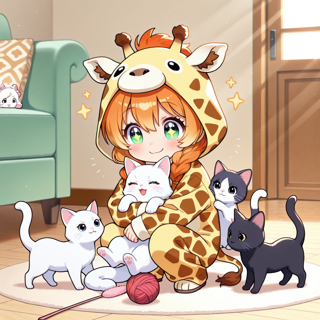 白黒猫さんたちと遊ぶキリン着ぐるみちび子ちゃん