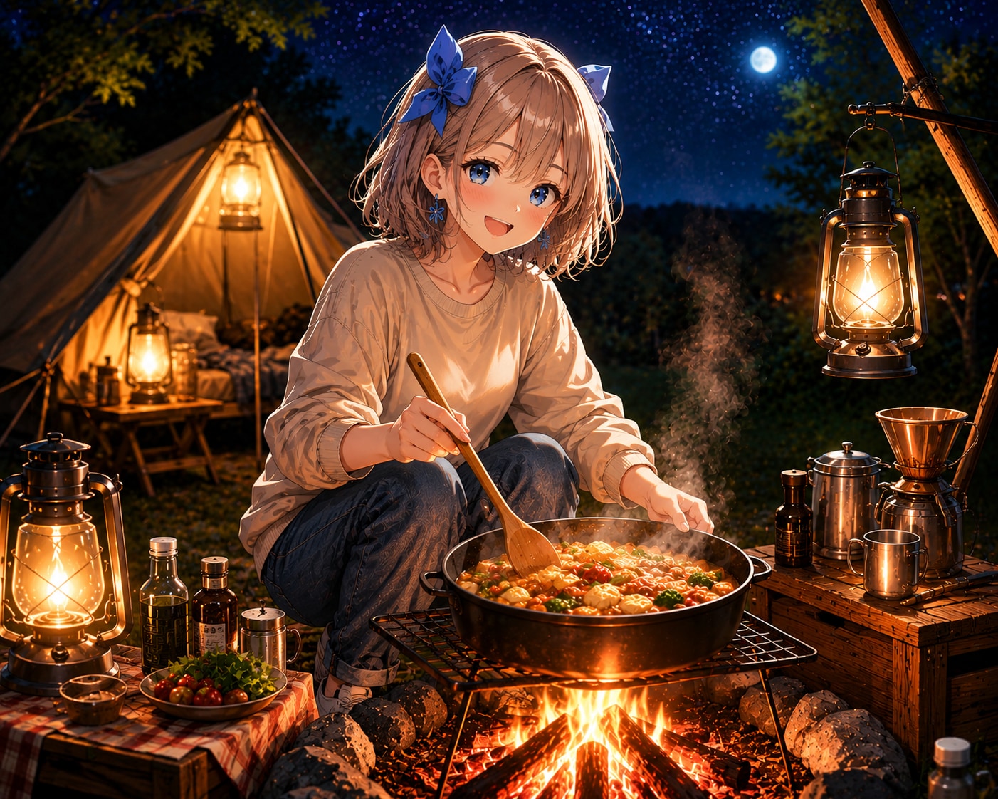 星空の下でのキャンプ飯