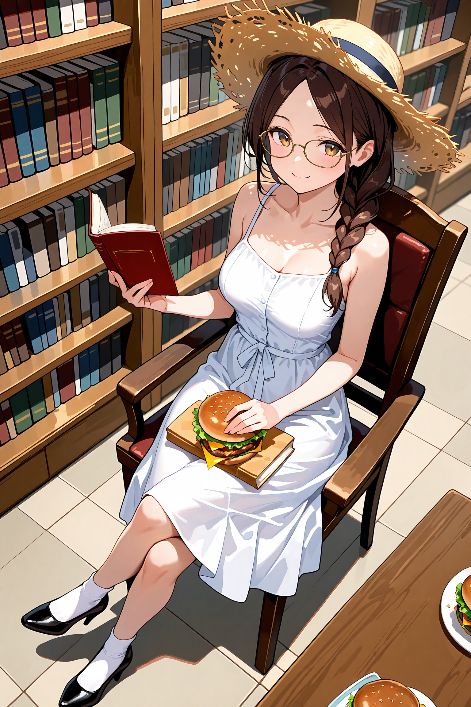 図書館でハンバーガー食べながら読書と夏服と麦わら帽