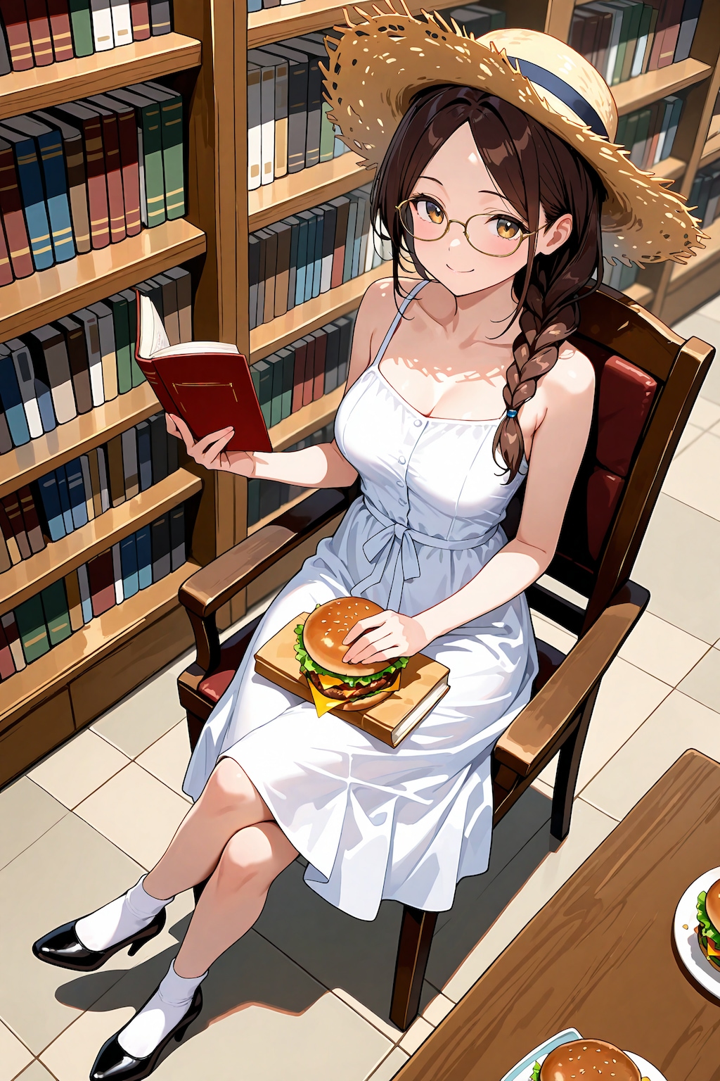 図書館でハンバーガー食べながら読書と夏服と麦わら帽