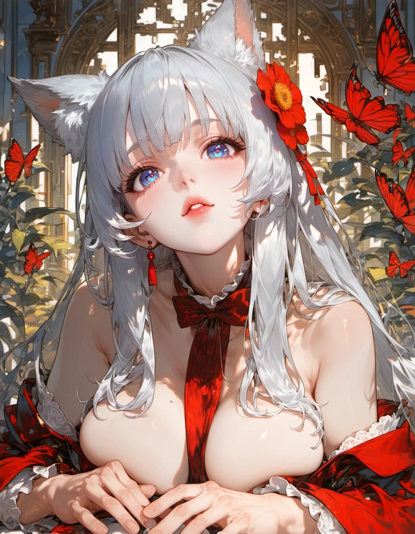 White Fox and Crimson Butterflies
