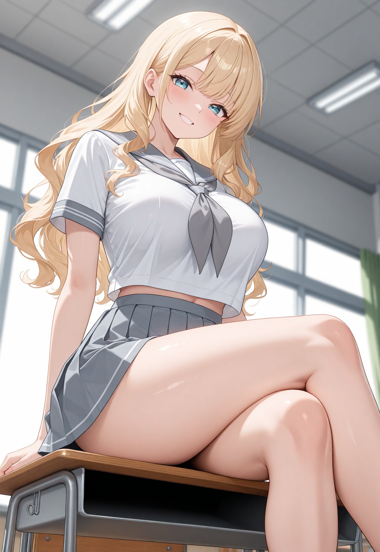 436（机に座る）