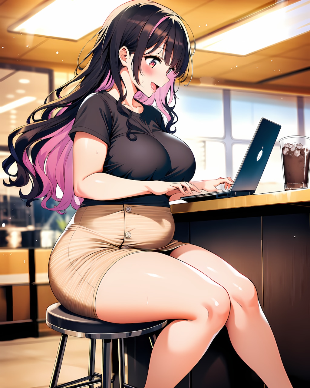 💻カフェで真剣！リナの美脚お昼休み🥰
