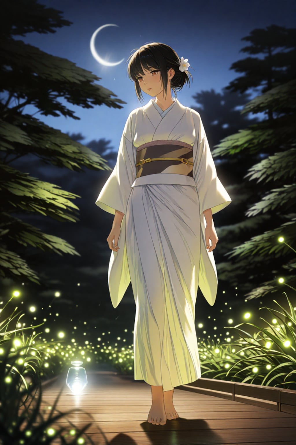 蛍と月と浴衣美人