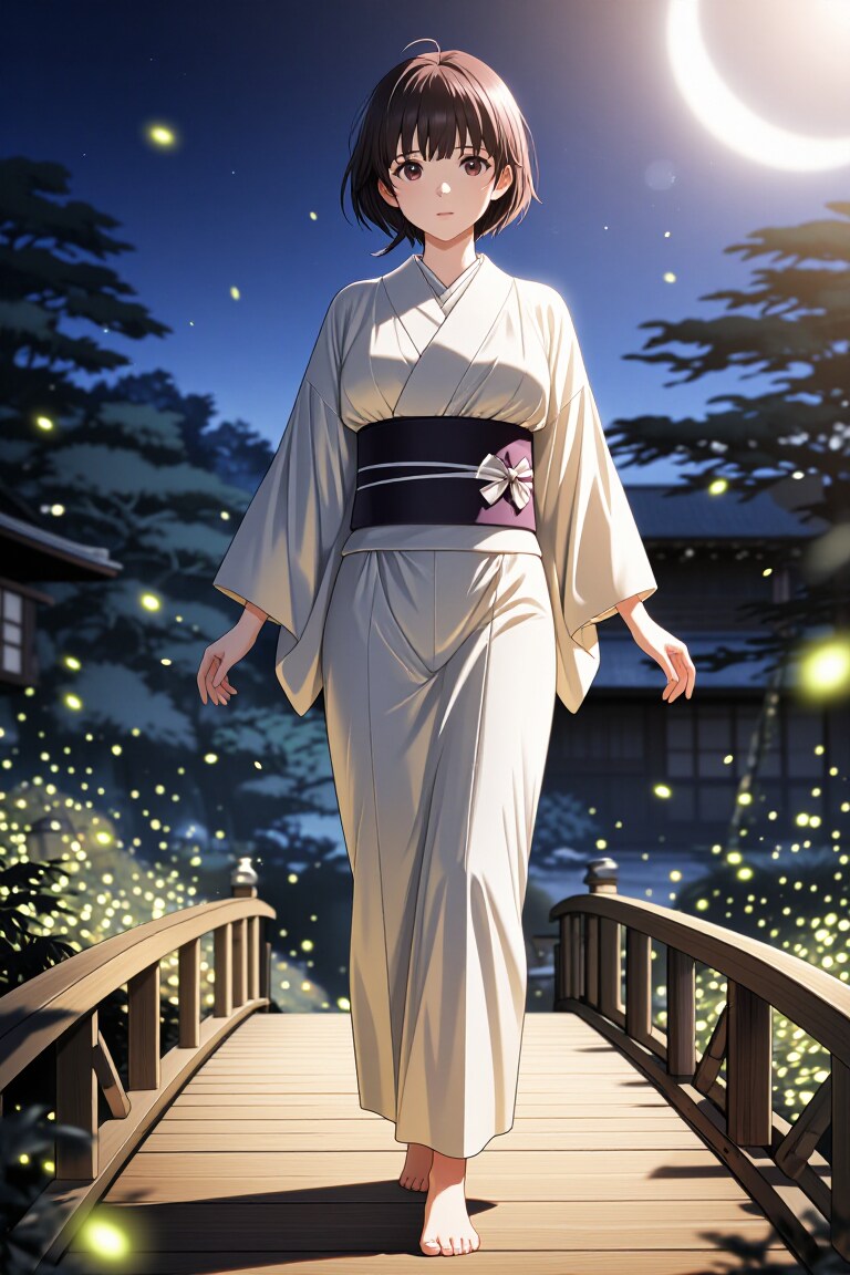 蛍と月と浴衣美人