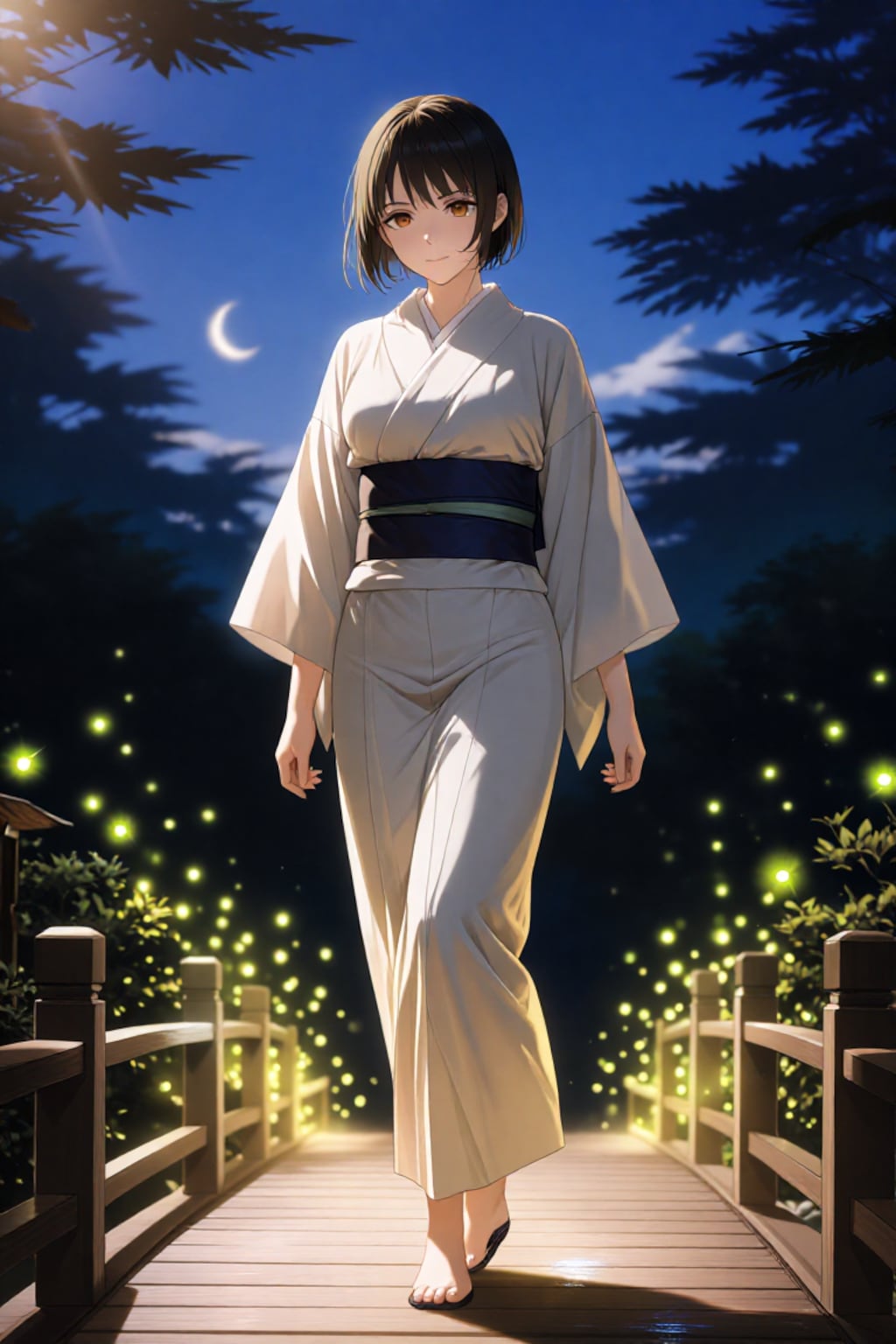 蛍と月と浴衣美人