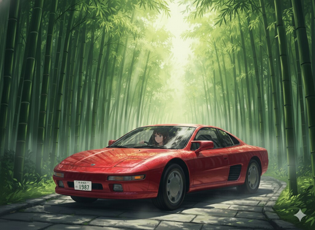 自宅の庭にある竹林の道を走るお嬢様