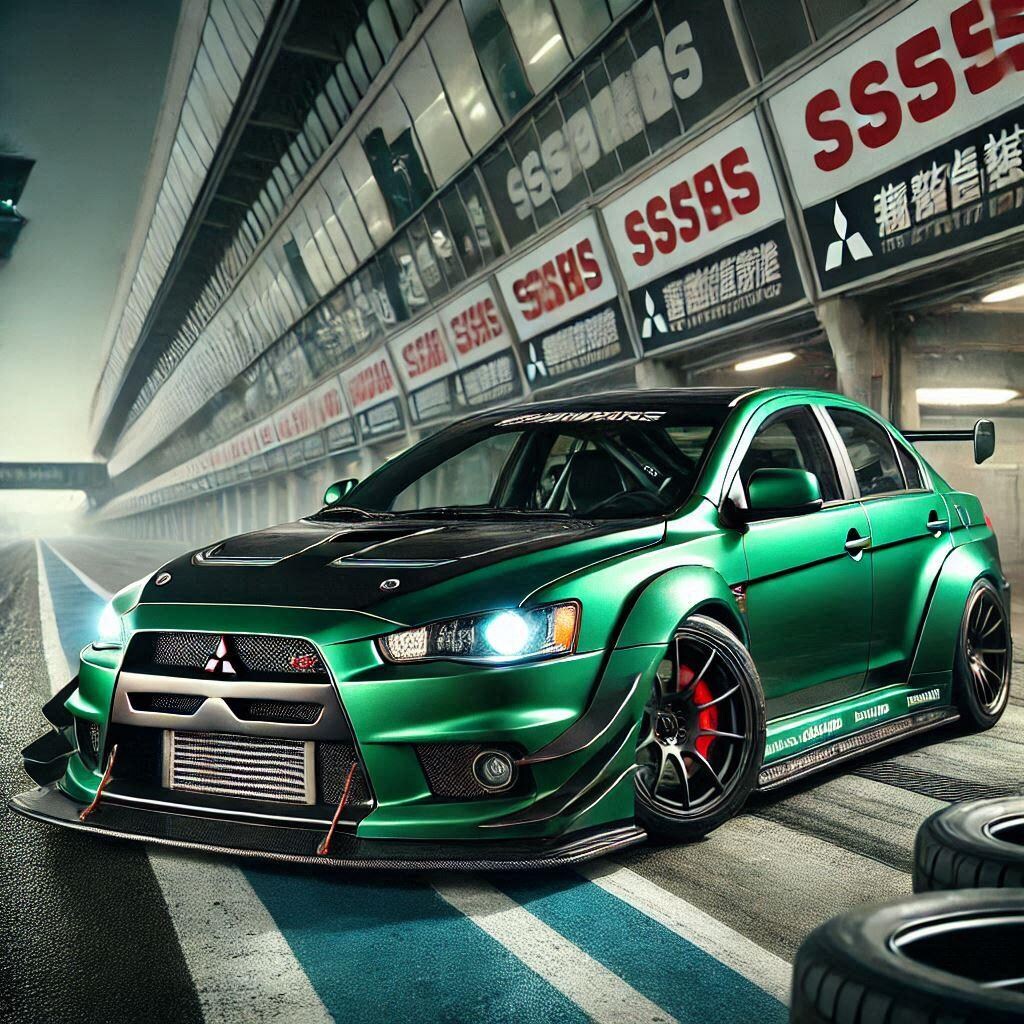 グリーンメタリックの三菱ランサーエボリューションのドリ車
