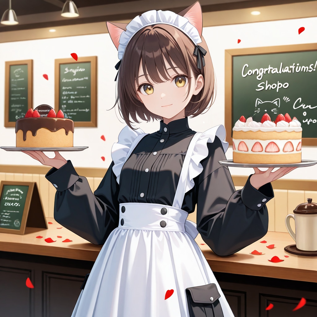 二つのホールケーキを運ぶ喫茶店で働く猫娘さん