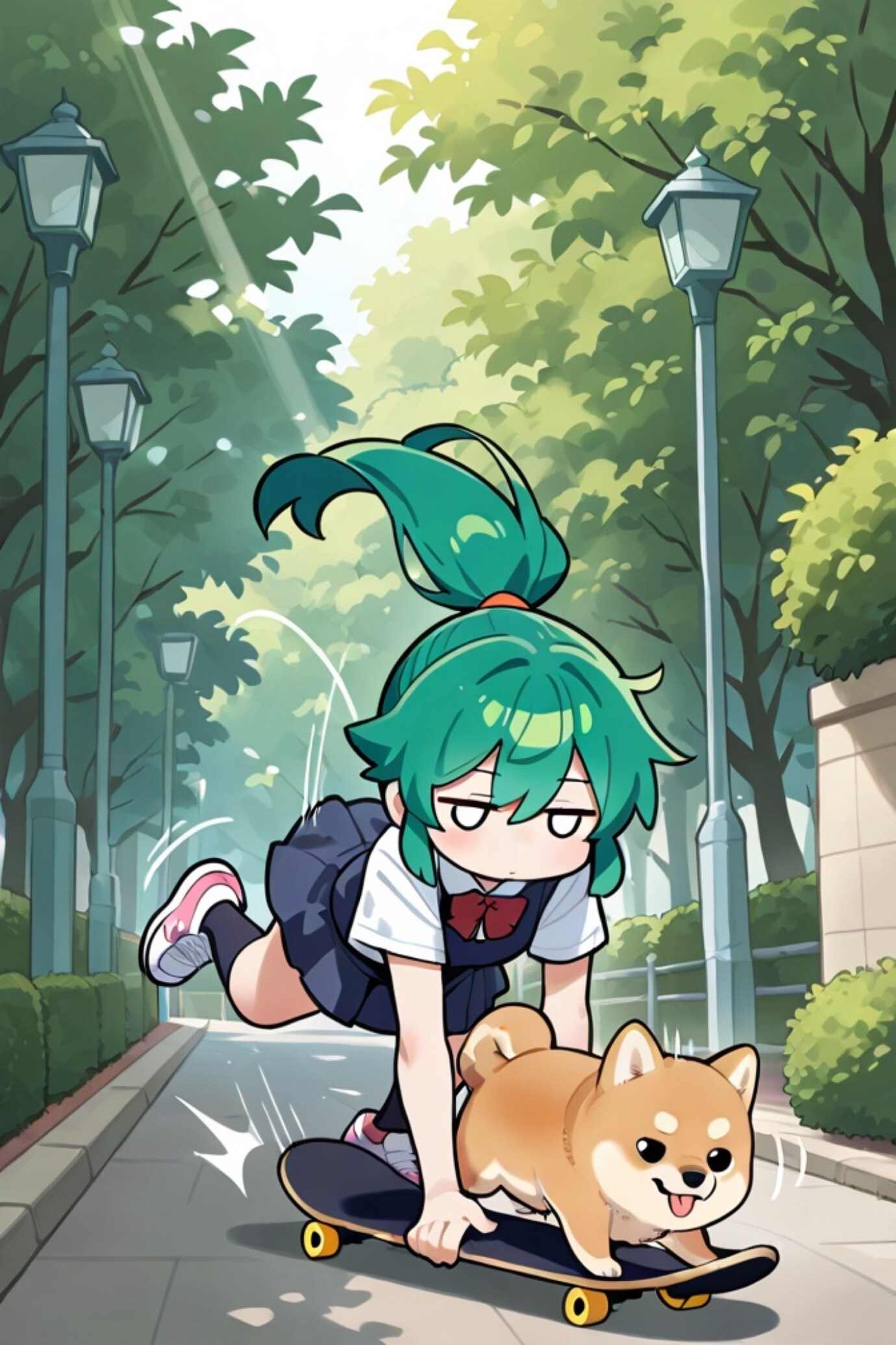スケボーと柴犬と緑髪ちゃん