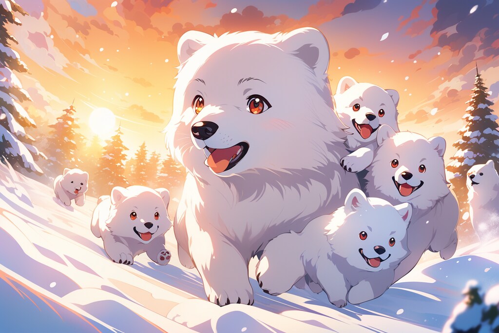 雪原を駆ける家族