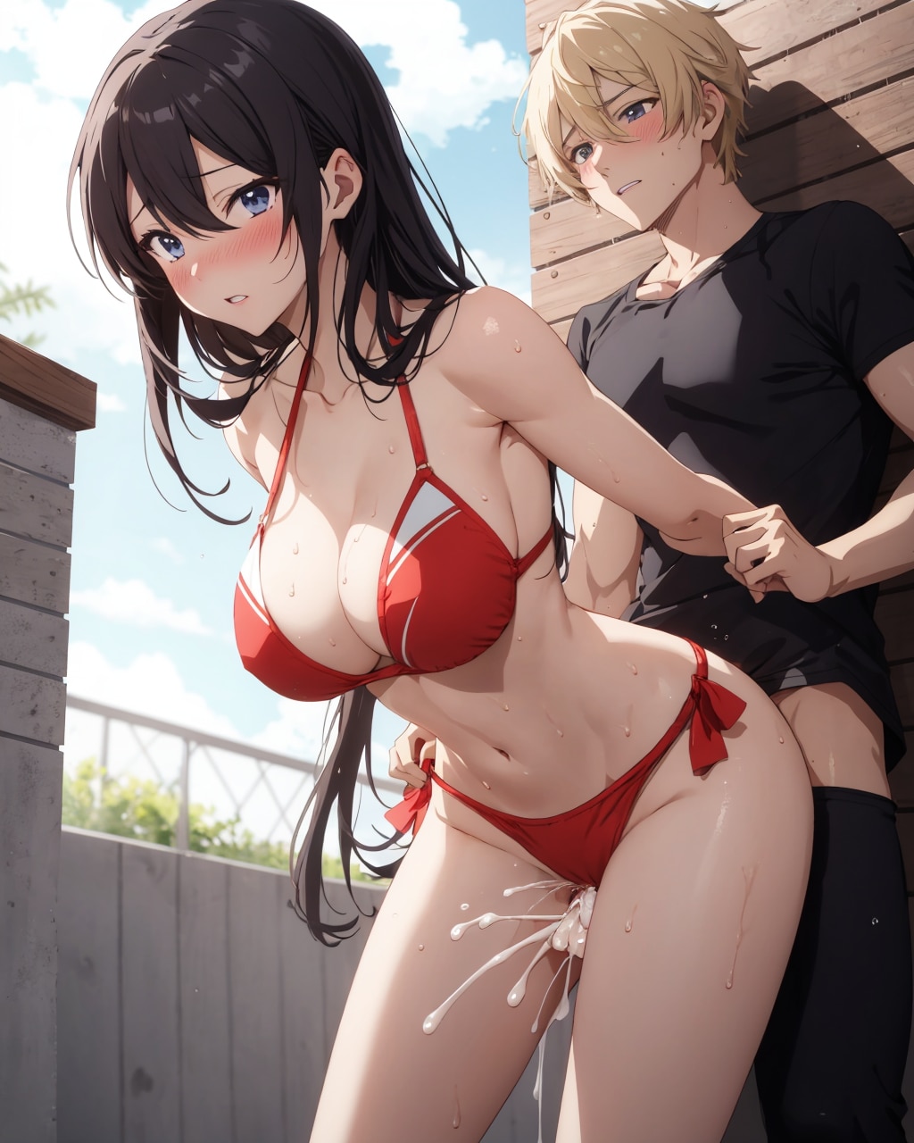 水着＋立ち後背位
