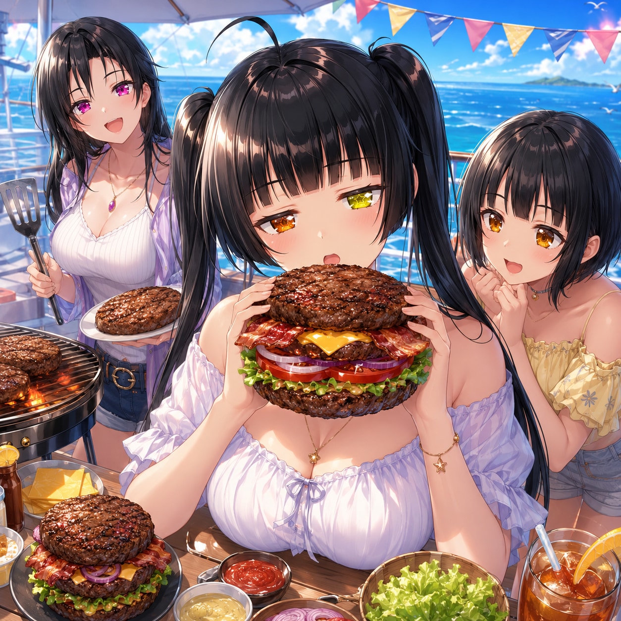 船上デッキでバーガーパーティー