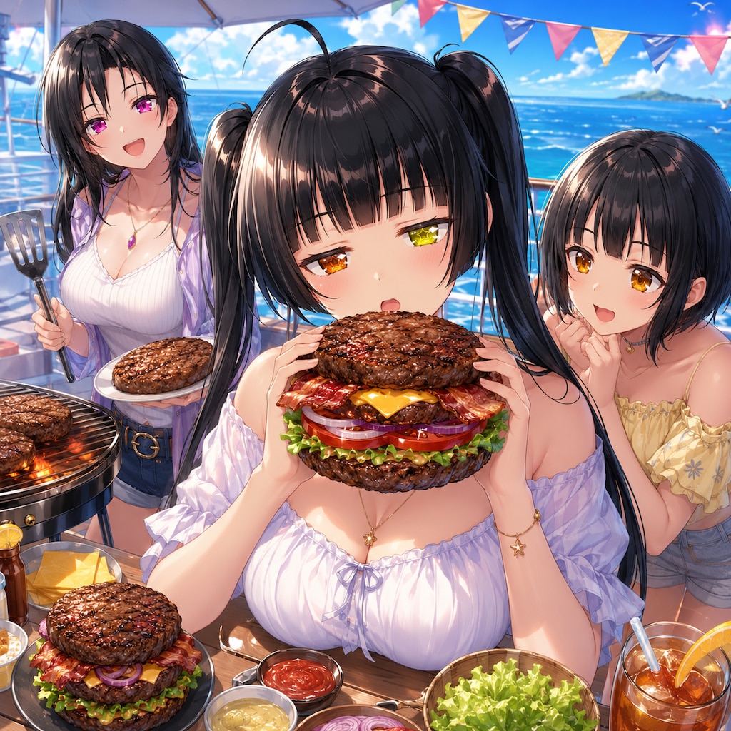 船上デッキでバーガーパーティー