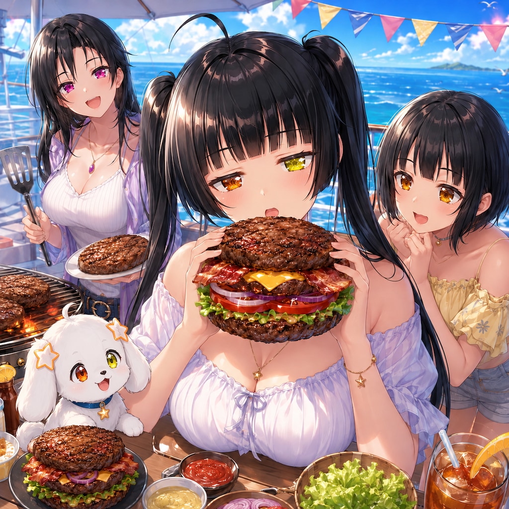 船上デッキでバーガーパーティー