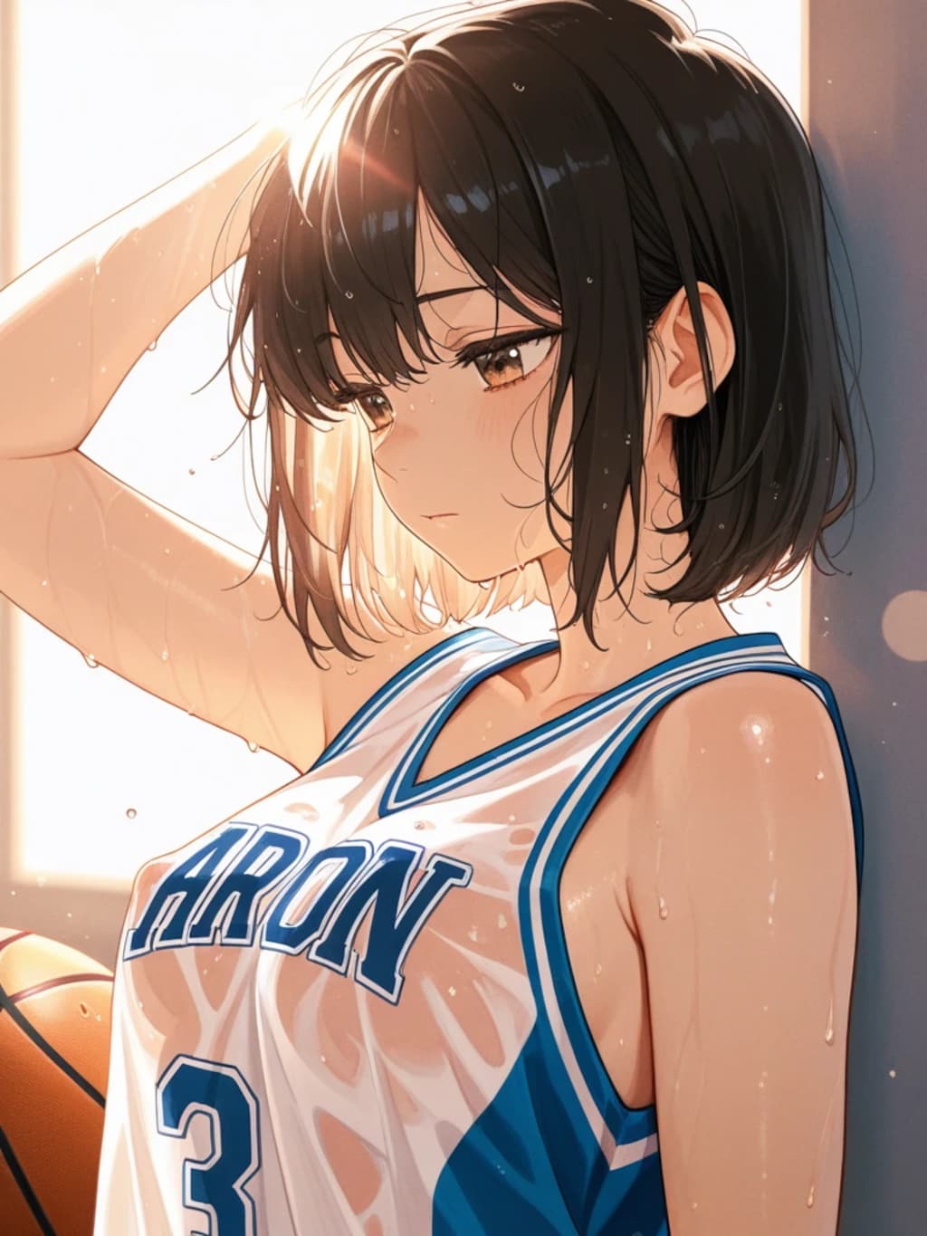 "ノーブラなのに汗でびしょ濡れ"