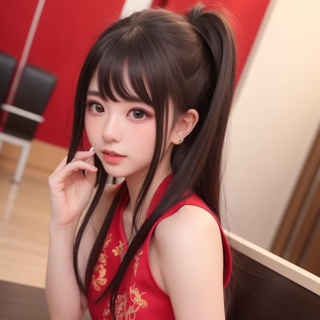 黒髪ポニテで中華服の美女