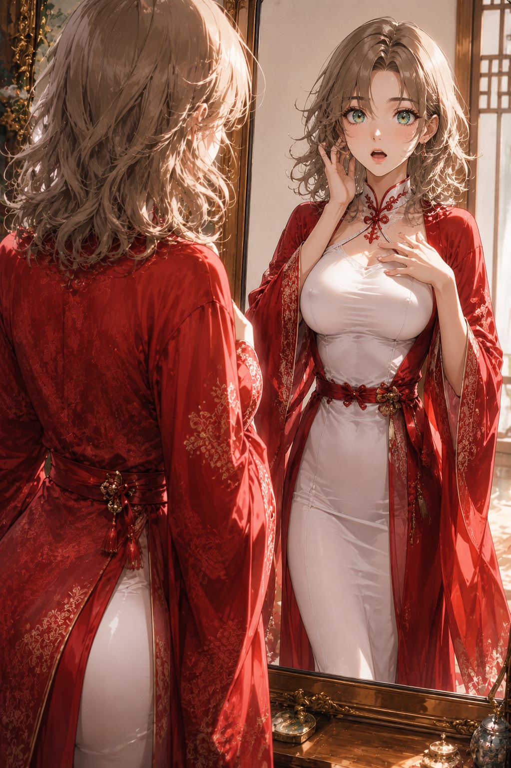 鏡の前で驚く女性