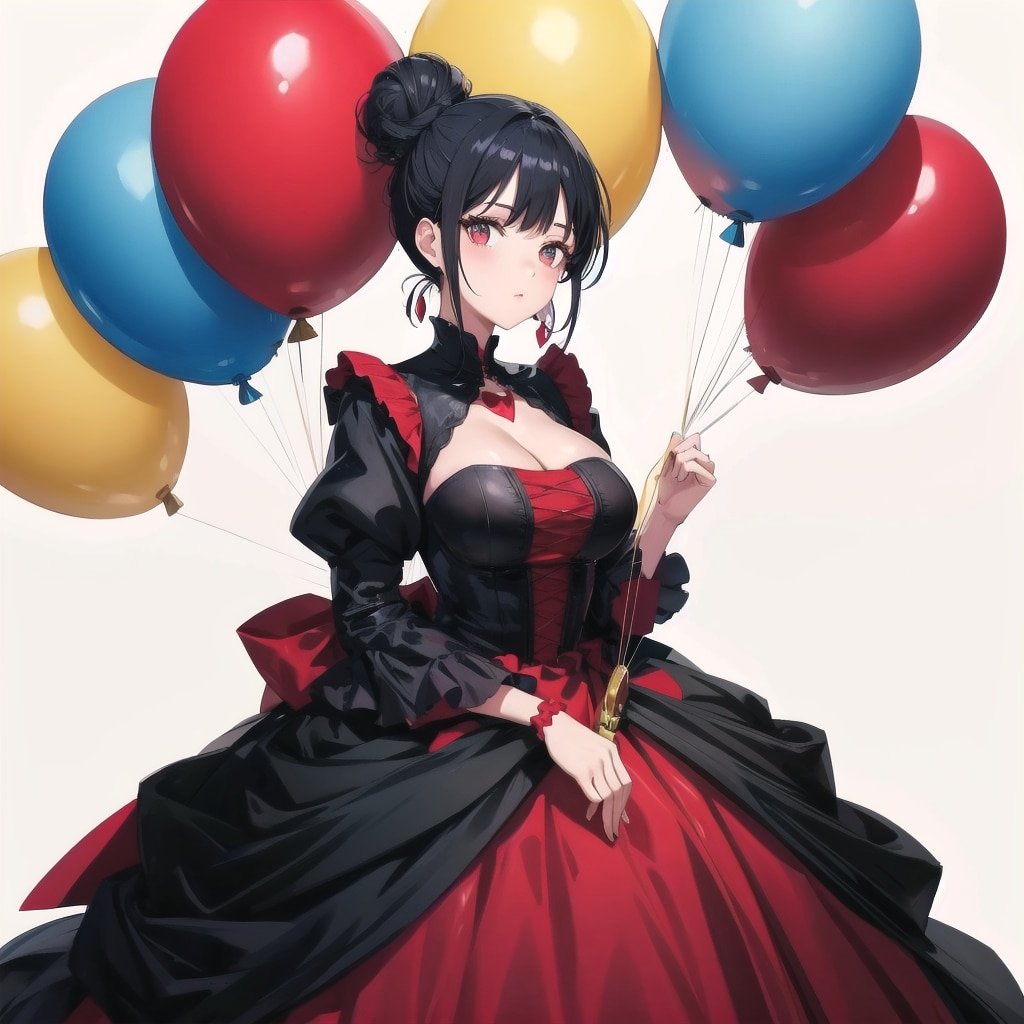 いっぱい色とりどりの風船を持つ赤いウェディングドレス着た黒髪お団子ヘアの美女 | の人気AIイラスト・グラビア