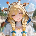 大きな池のある石造りの宮殿の前に立つキリンフーディーお姉さんと後ろにちび子ちゃん 2枚目