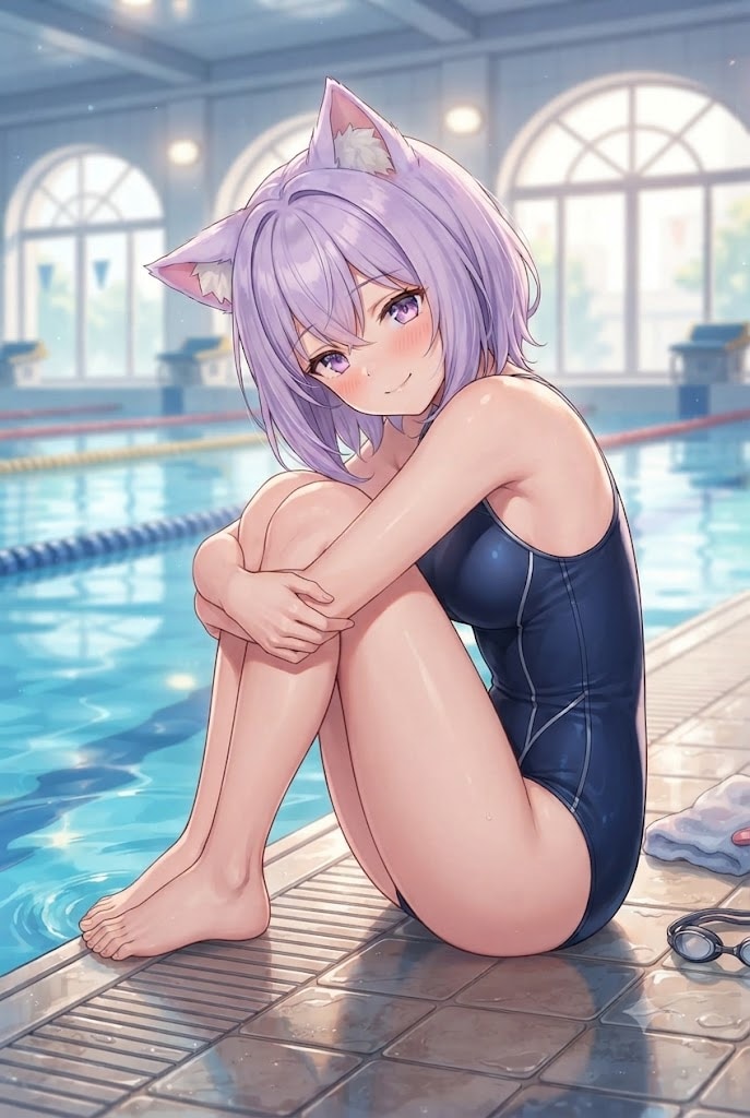 体育座りで見つめる競泳水着のシス