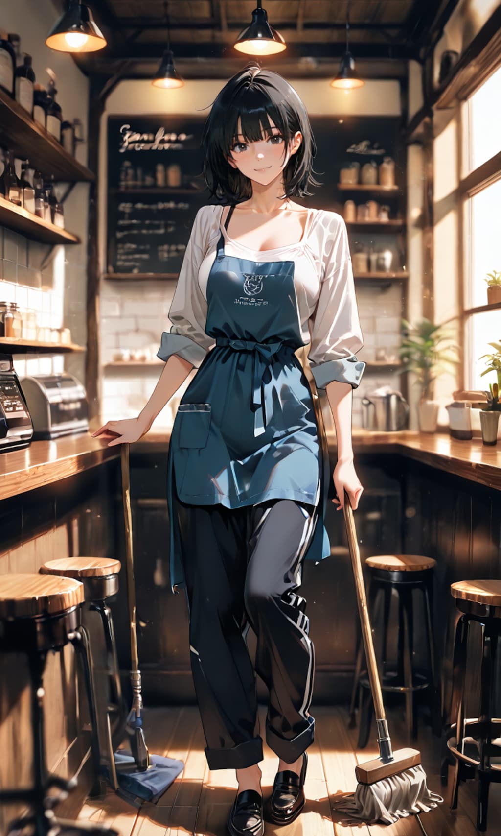 チャオ・リン、開店前のカフェで店番する世話焼き姉御の笑み
