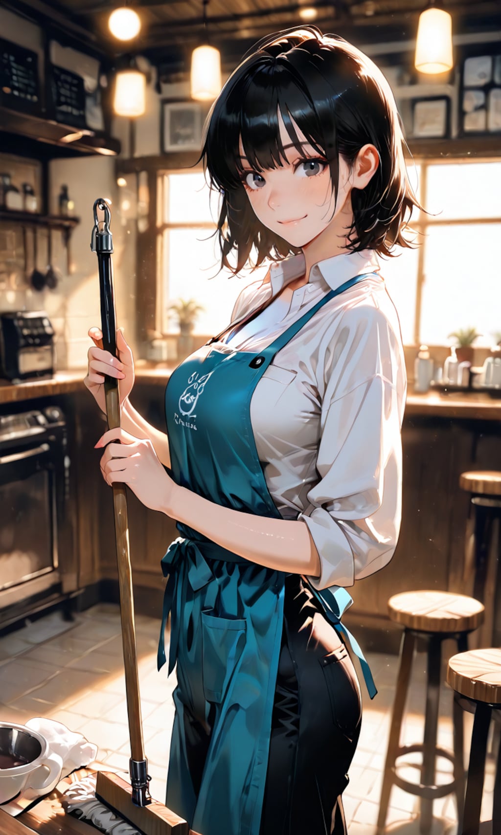 チャオ・リン、開店前のカフェで店番する世話焼き姉御の笑み