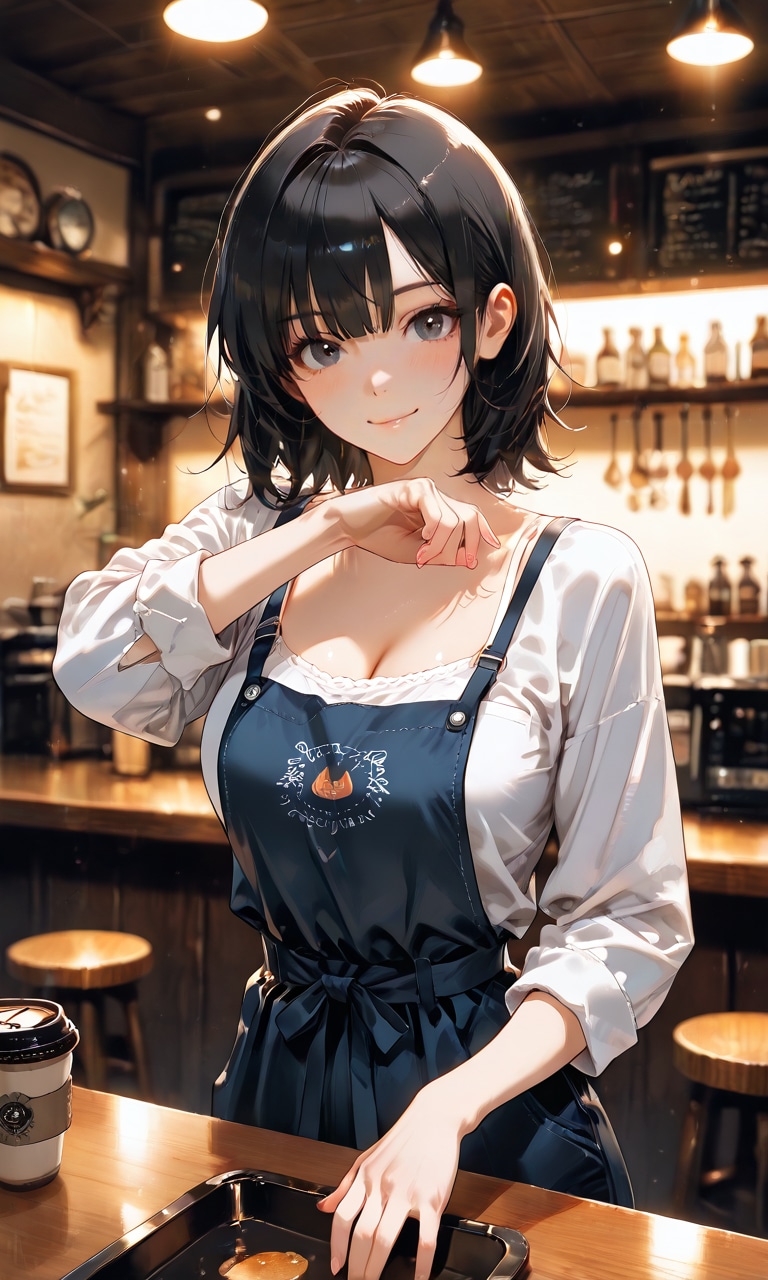 チャオ・リン、開店前のカフェで店番する世話焼き姉御の笑み