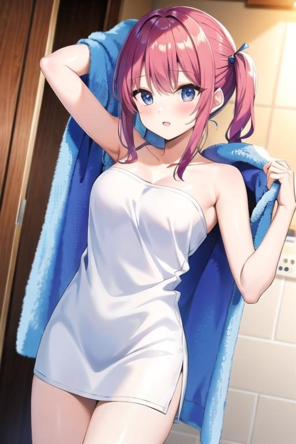 お風呂上がりのお肌ツヤツヤピンク髪さん