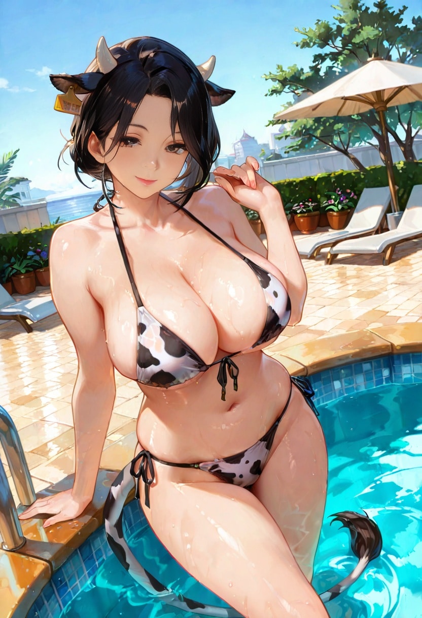 プールでくつろぐ牛柄ビキニの熟女
