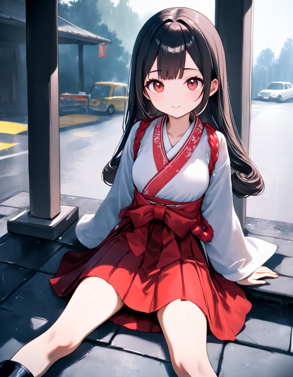 巫女ちゃん、雨宿り