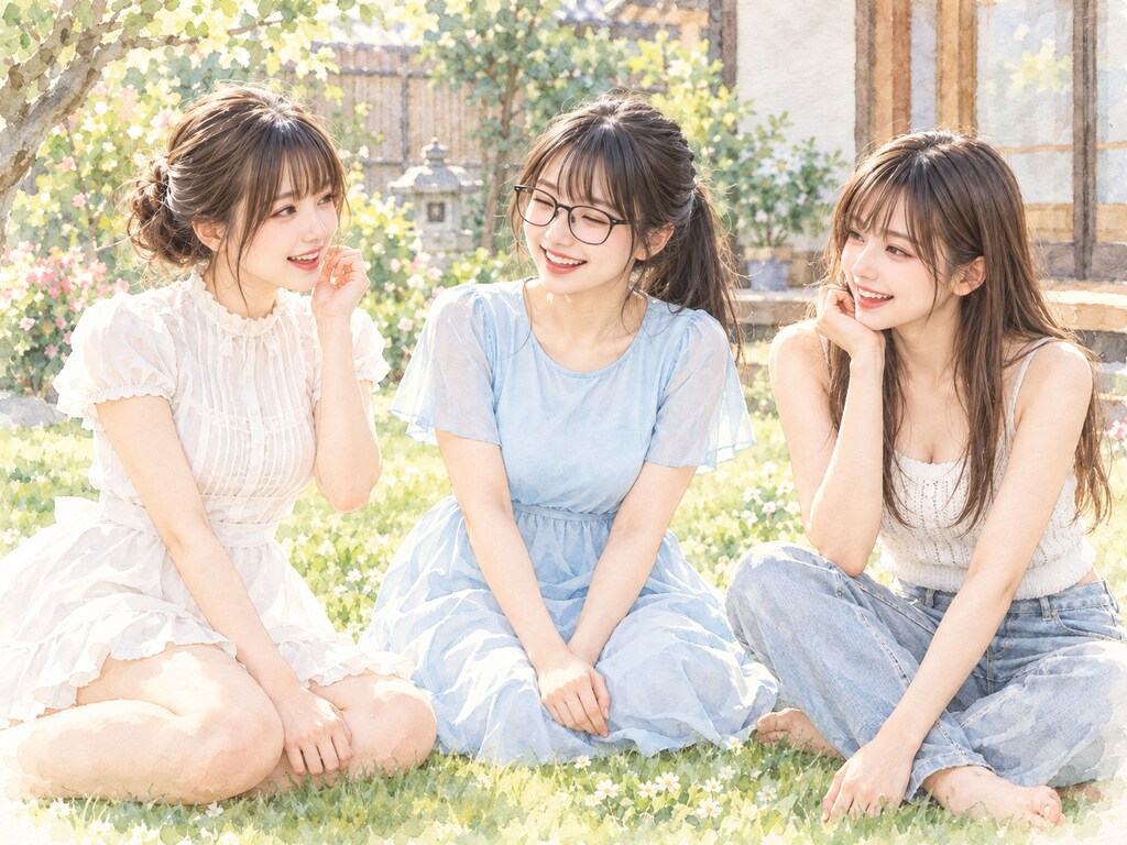 【ウチの娘シリーズ】三人で撮った写真を元にした水彩画