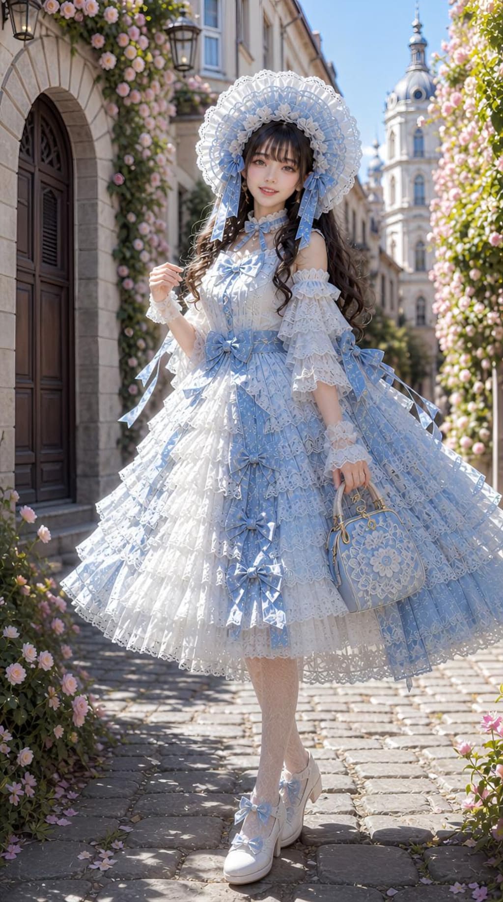 薔薇の街を歩く青いリボンの少女