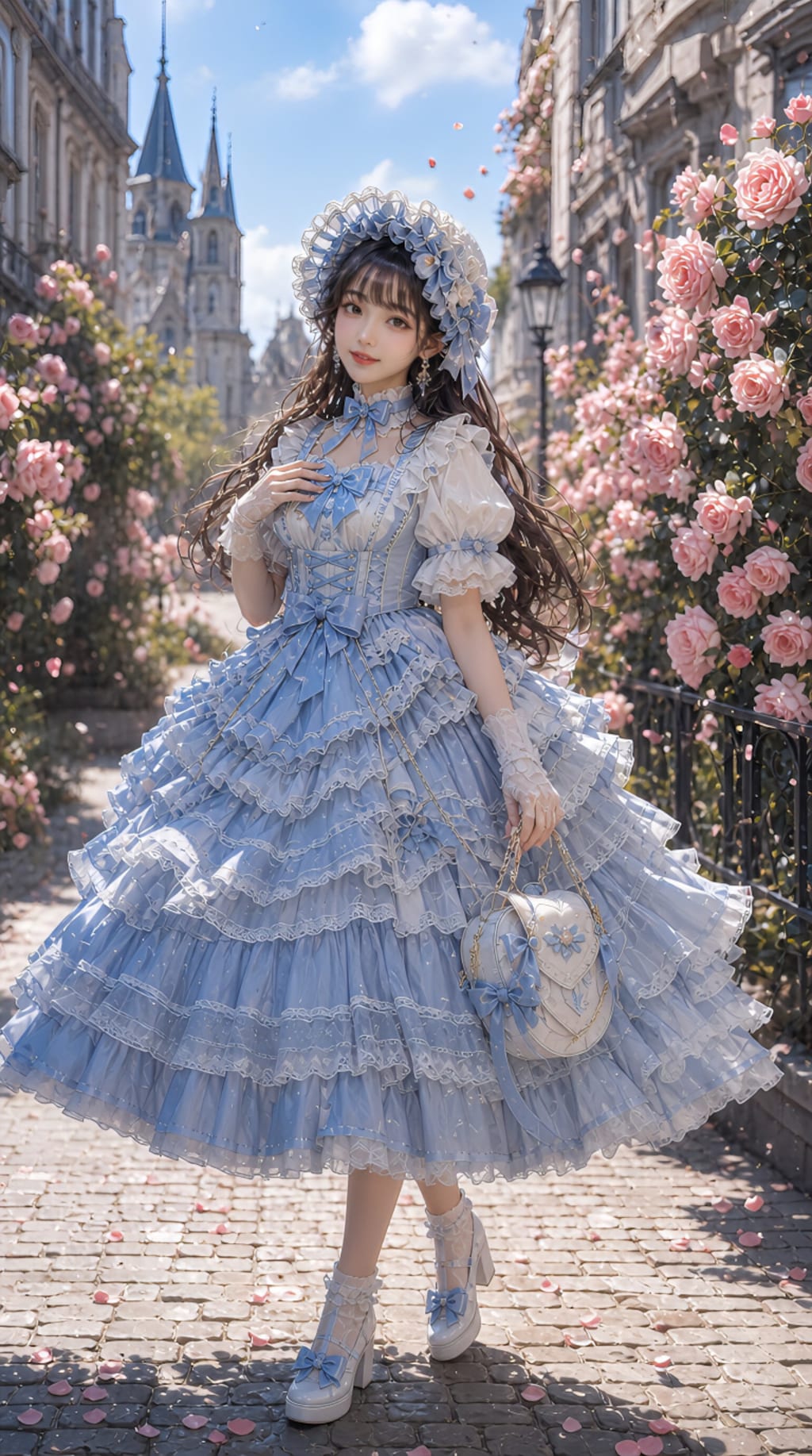 薔薇の街を歩く青いリボンの少女