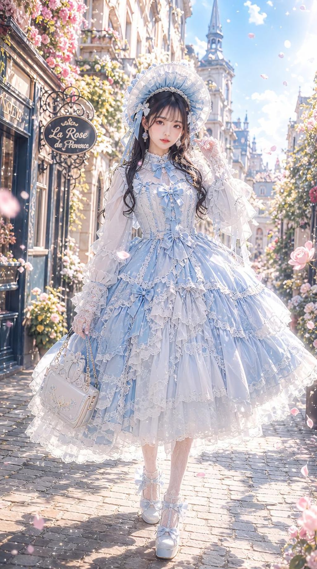 薔薇の街を歩く青いリボンの少女