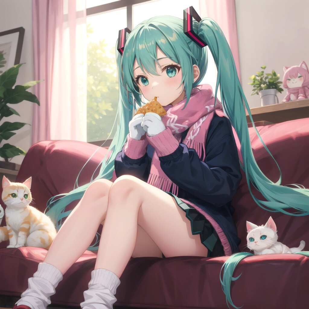 赤いソファに座って煎餅を食べているミクさん