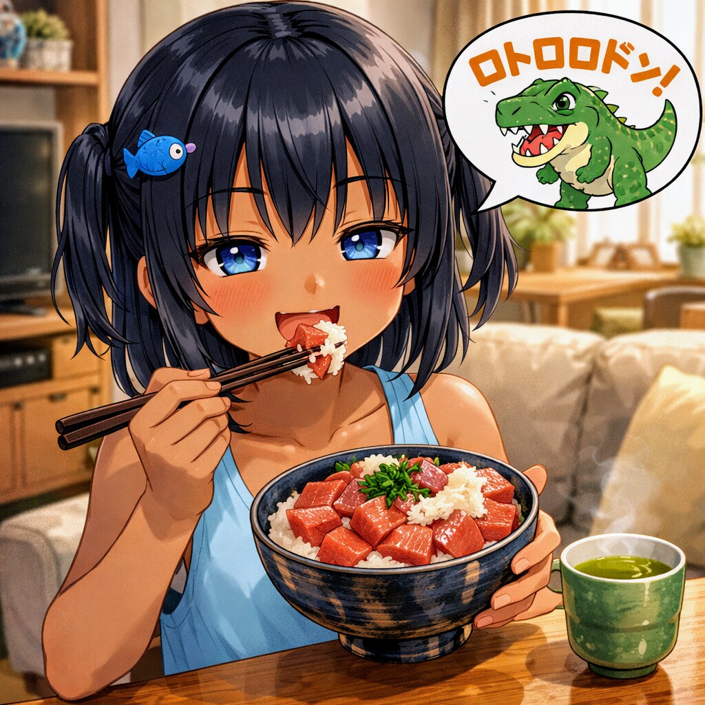 漬けマグロトロロ丼を食べるこなつちゃん