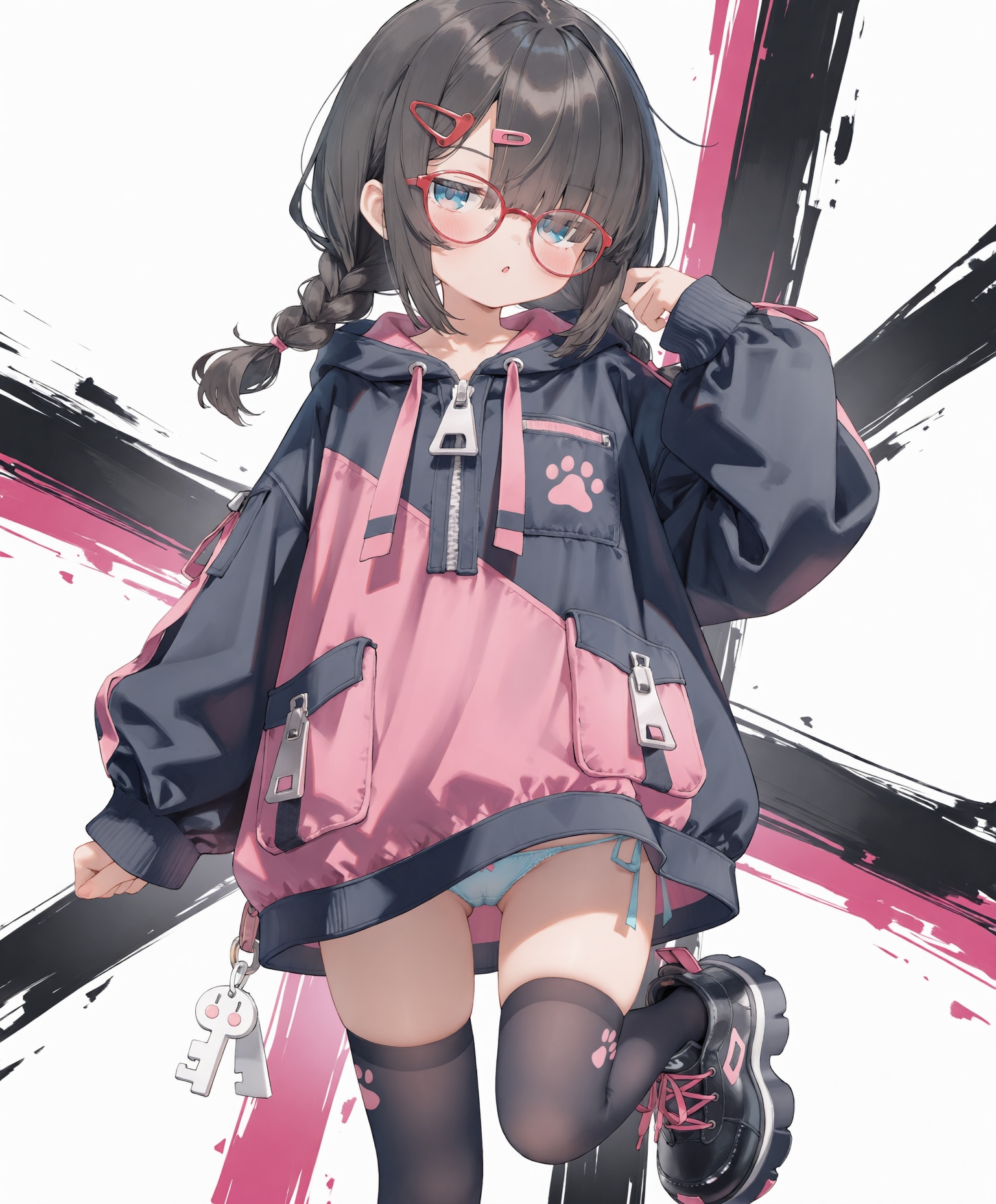 黒ピンク三つ編み眼鏡ちゃん