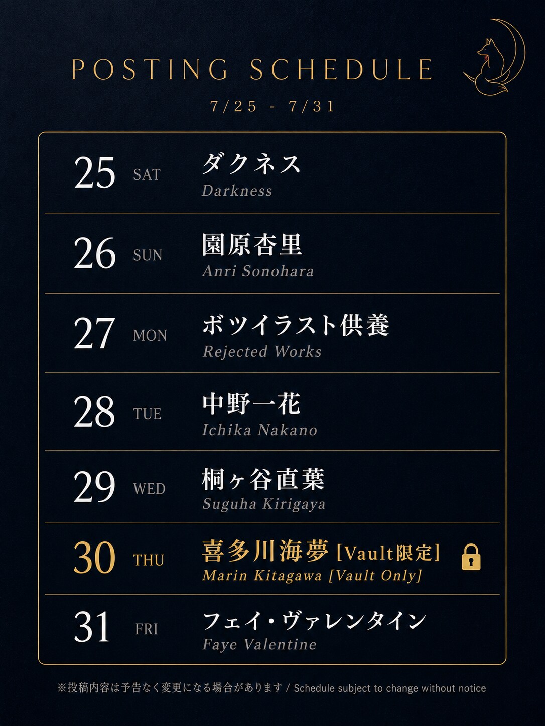 Patreon投稿スケジュール
