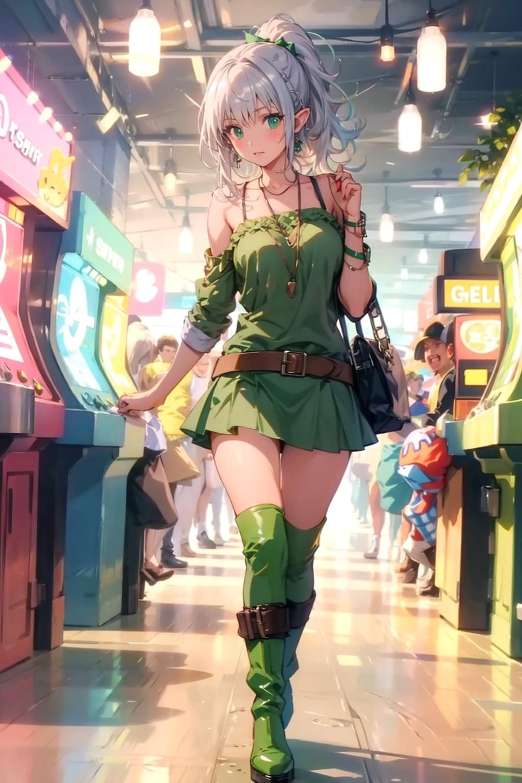 近道にゲームコーナーを素通りの銀髪エルフの女の子