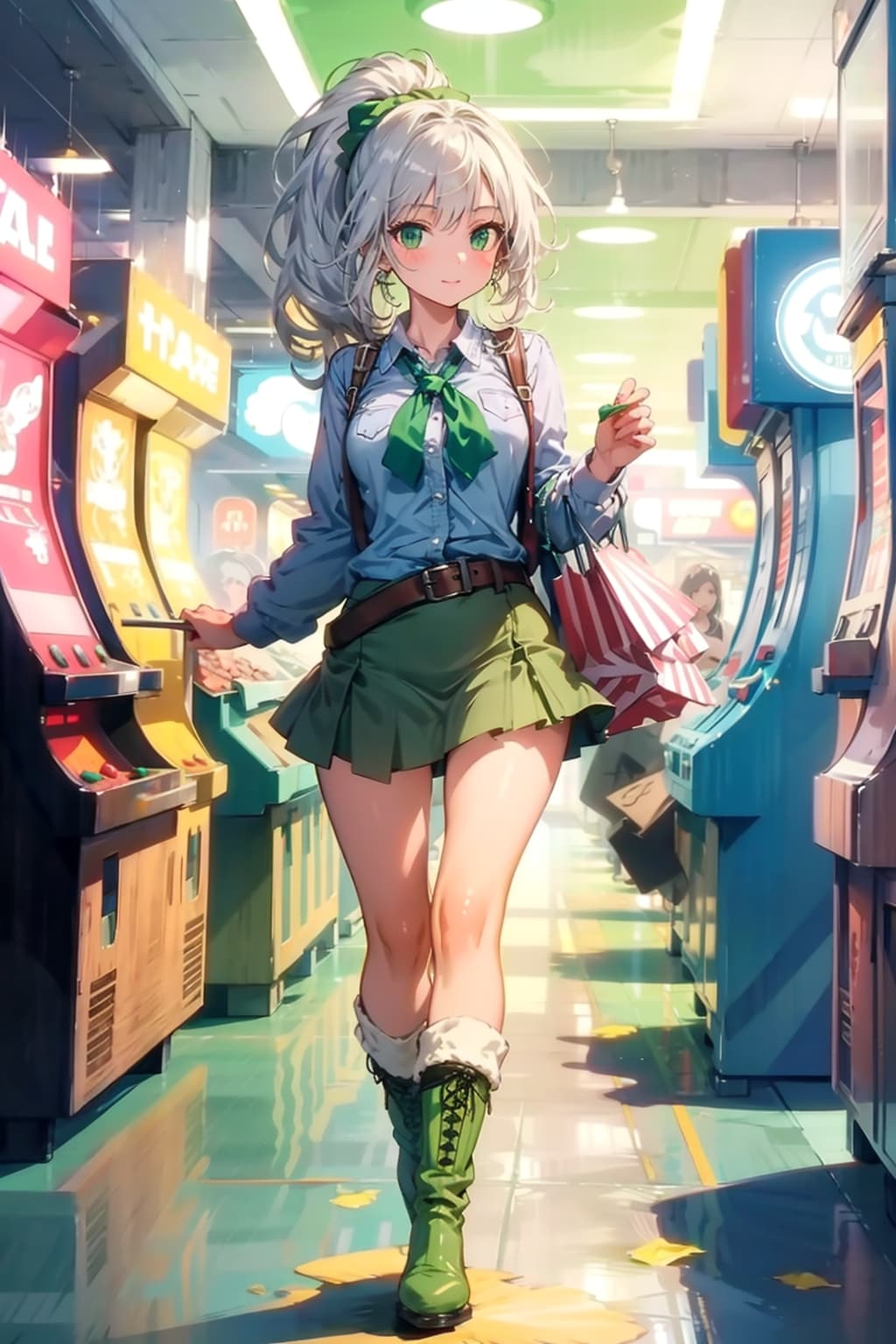 近道にゲームコーナーを素通りの銀髪エルフの女の子