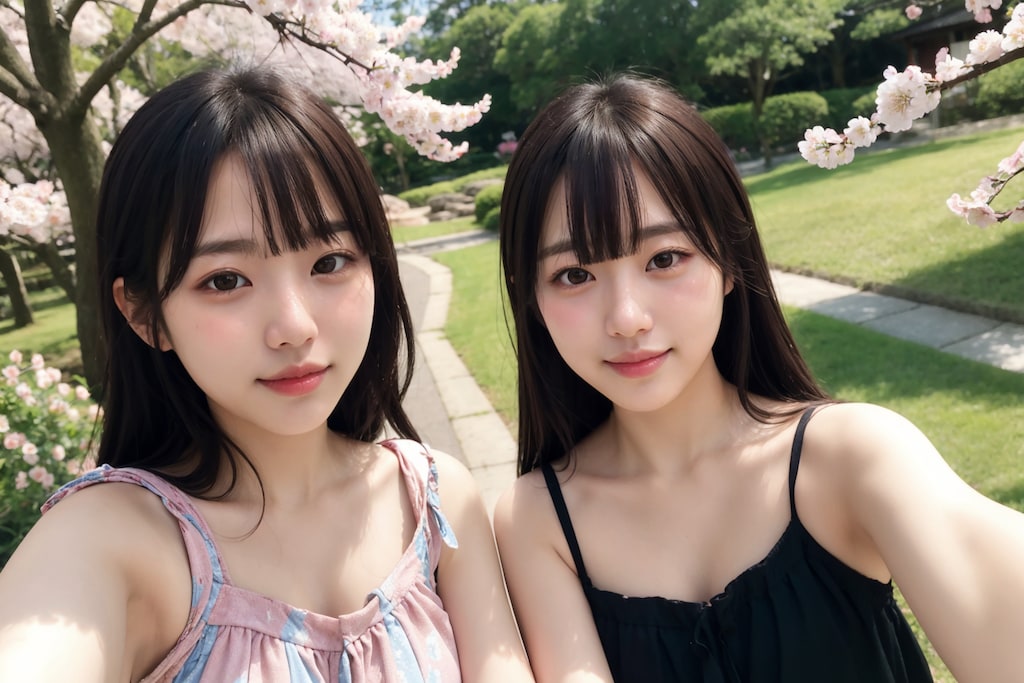 美人姉妹のお花見自撮り
