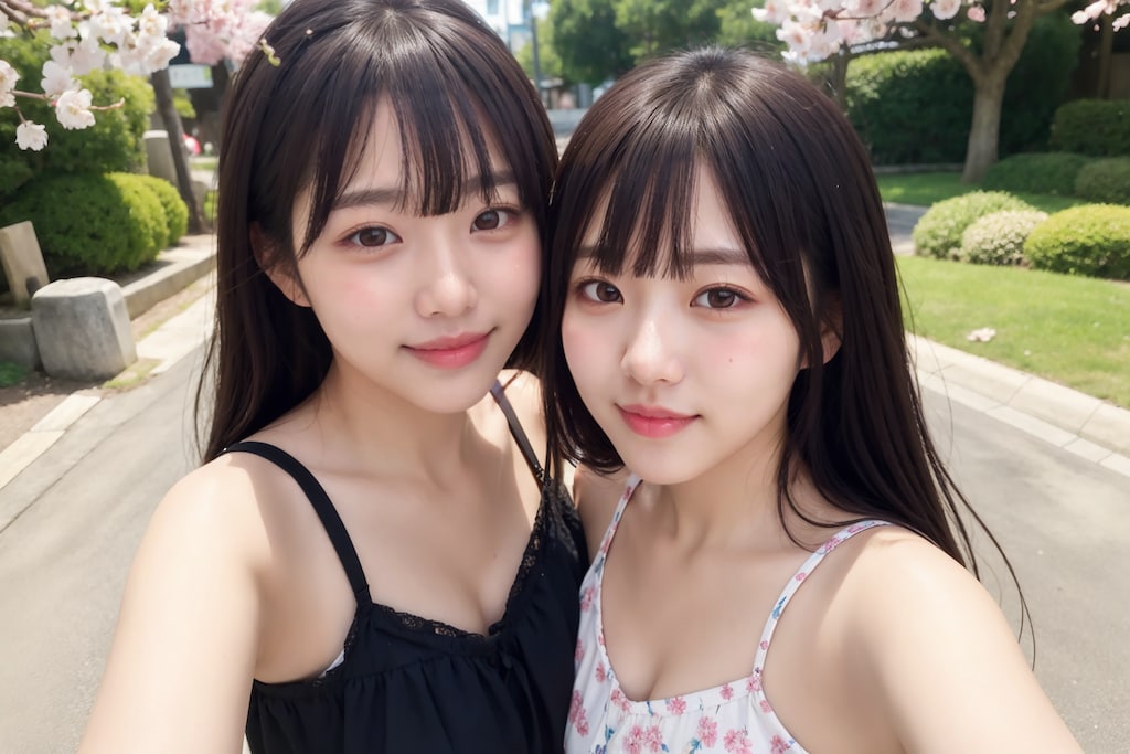 美人姉妹のお花見自撮り