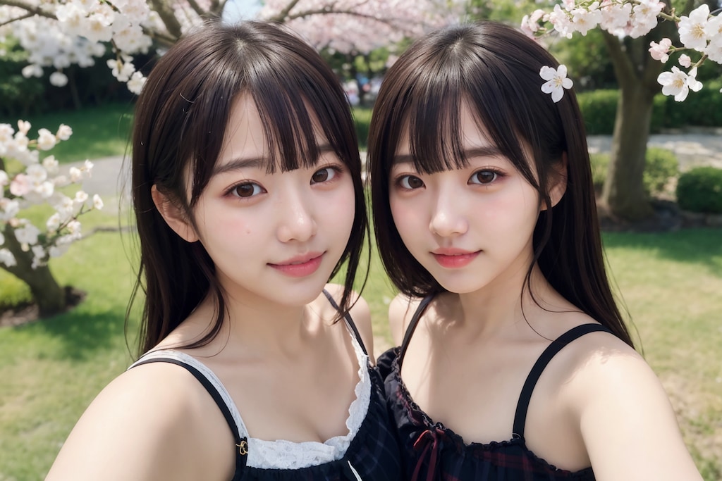 美人姉妹のお花見自撮り